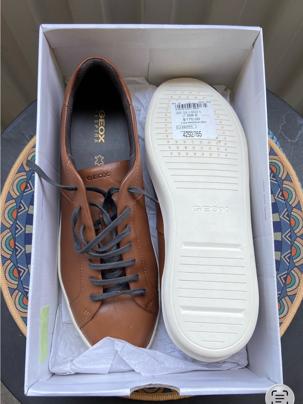 Geox Men's Tan/Brown Leather Lace-Up Sneakers - Picture 2 of 3